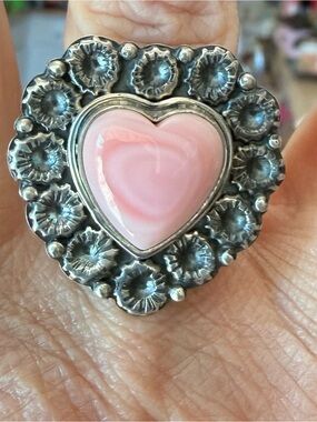 Hand Crafted Pink Conch Heart Ring set in Sterling Silver